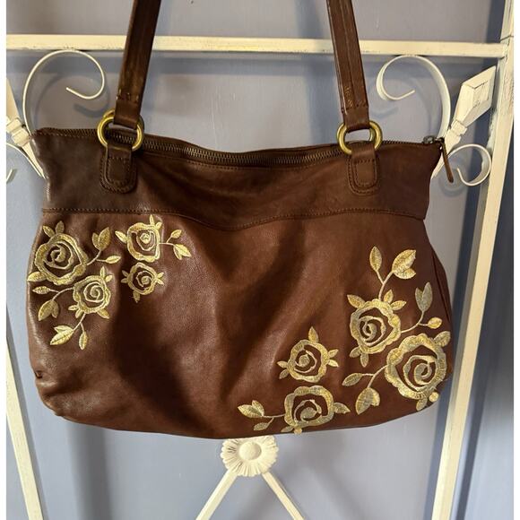 Anthropologie Brown Leather Bag With Gold Rose Embroidered Fairy Princess - Picture 2 of 10